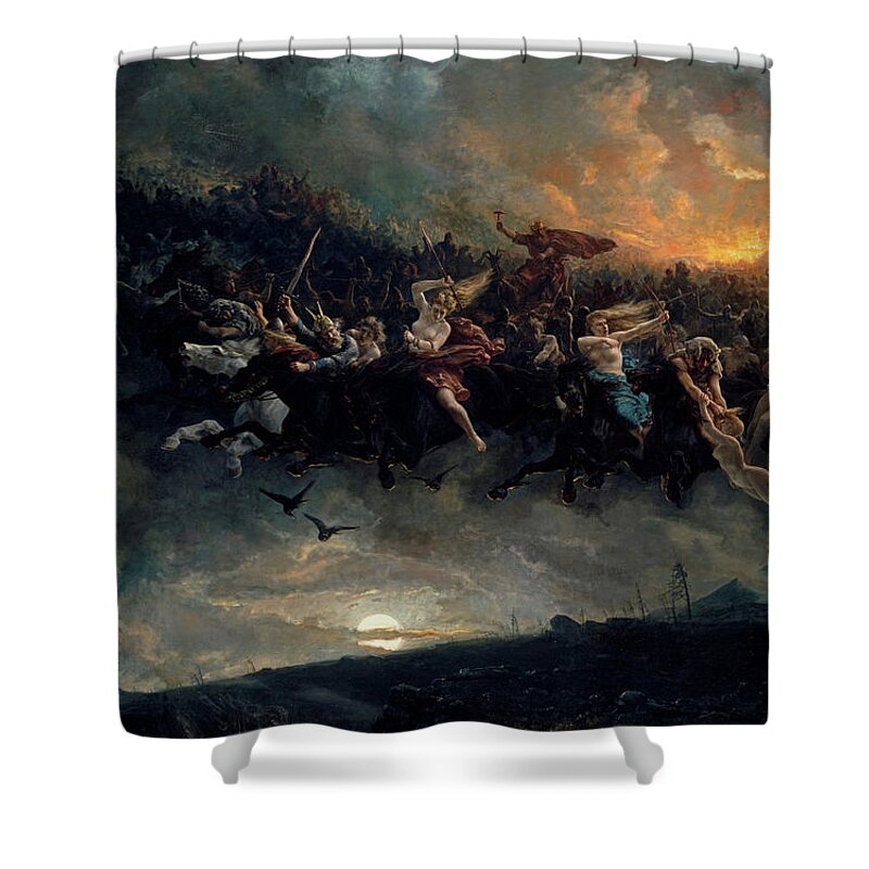 Norse Gods Shower Curtain featuring the painting The wild Hunt of Odin by Peter Nicolai Arbo