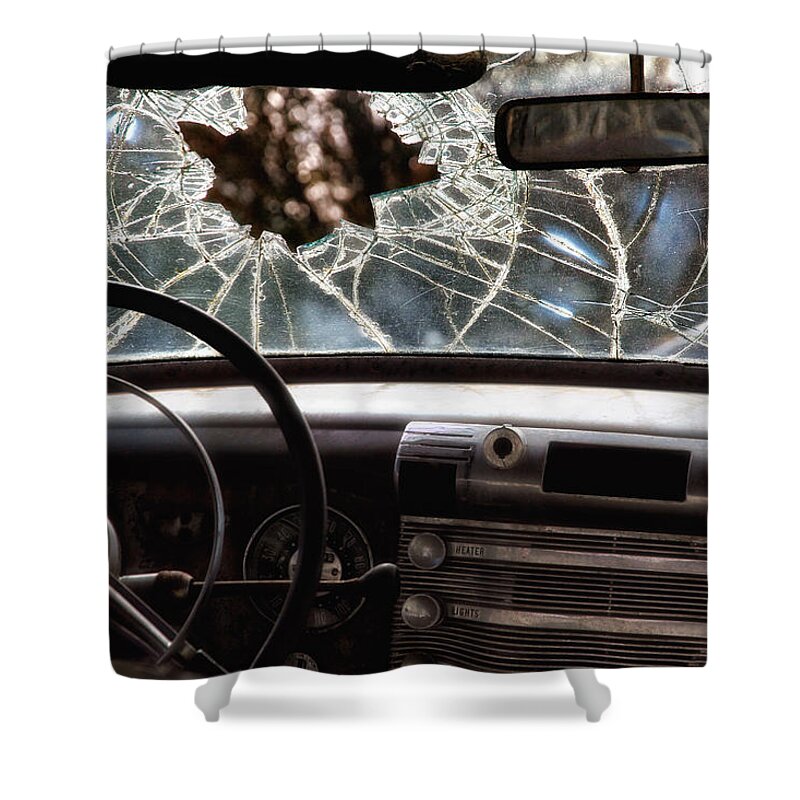 Junk Car Shower Curtain featuring the photograph The Windshield by Daniel George