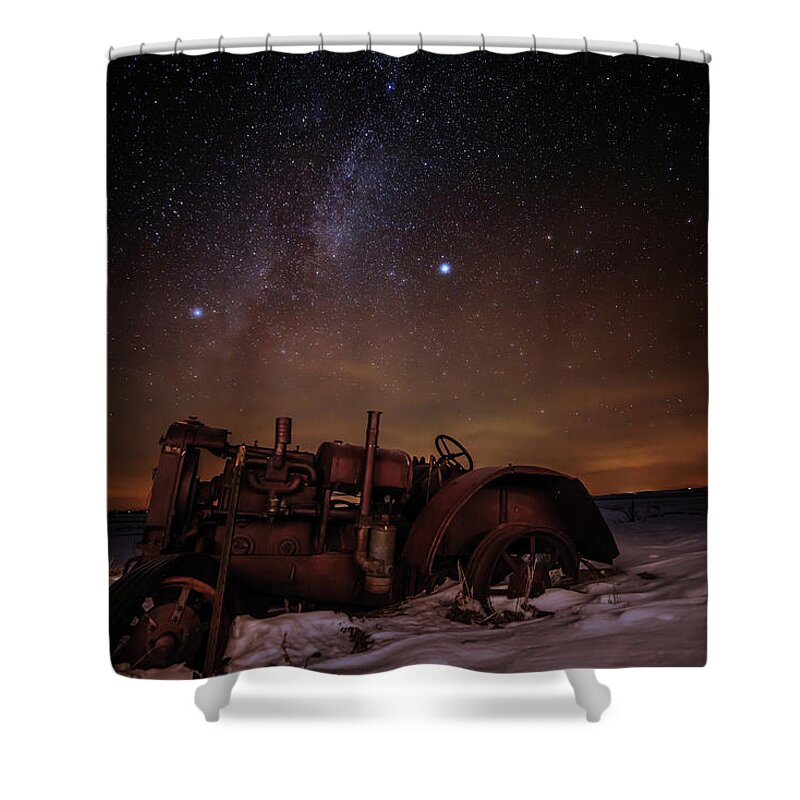 Astro Landscape Scenic Stars Milky Way Winter Antique Tractor Nd Night Night Sky Shower Curtain featuring the photograph The Witness by Peter Herman
