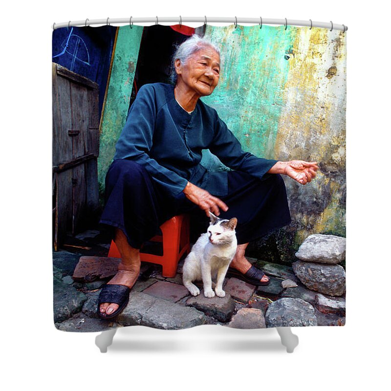 Vietnam Shower Curtain featuring the photograph The Woman and the Cat by Silva Wischeropp