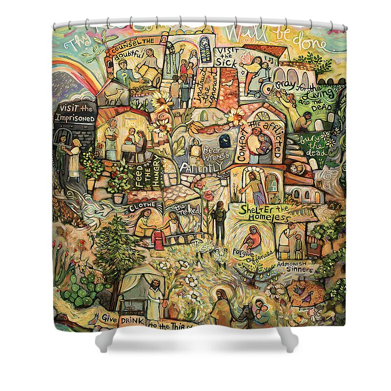 Jen Norton Shower Curtain featuring the painting The Works of Mercy by Jen Norton