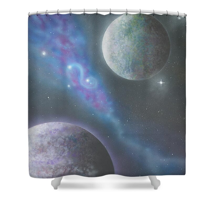 Planets Shower Curtain featuring the painting The World Beyond by Mary Scott