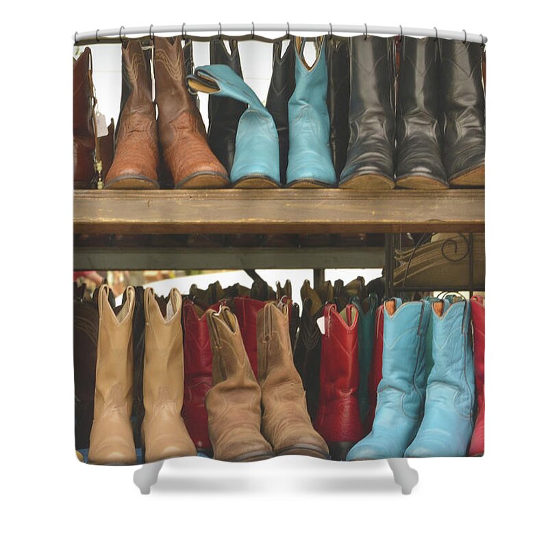 Boots Shower Curtain featuring the photograph Them Boots, Turquoise and Red by Nadalyn Larsen