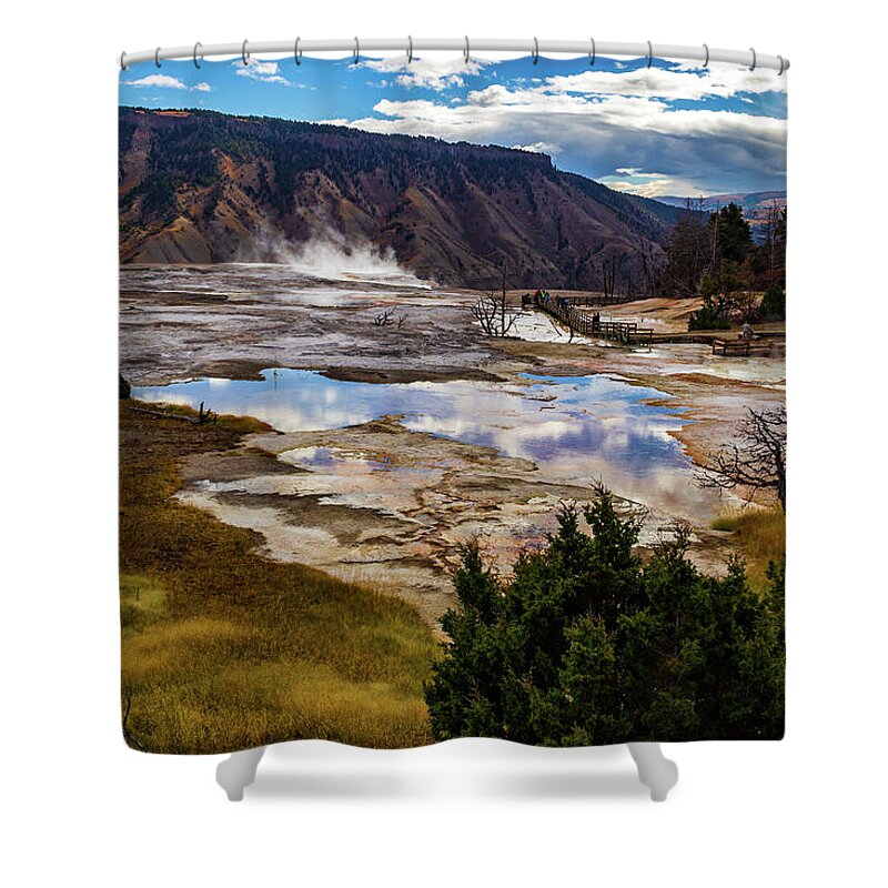 America Shower Curtain featuring the photograph Thermal Pool at Mammoth Host Springs by Roslyn Wilkins