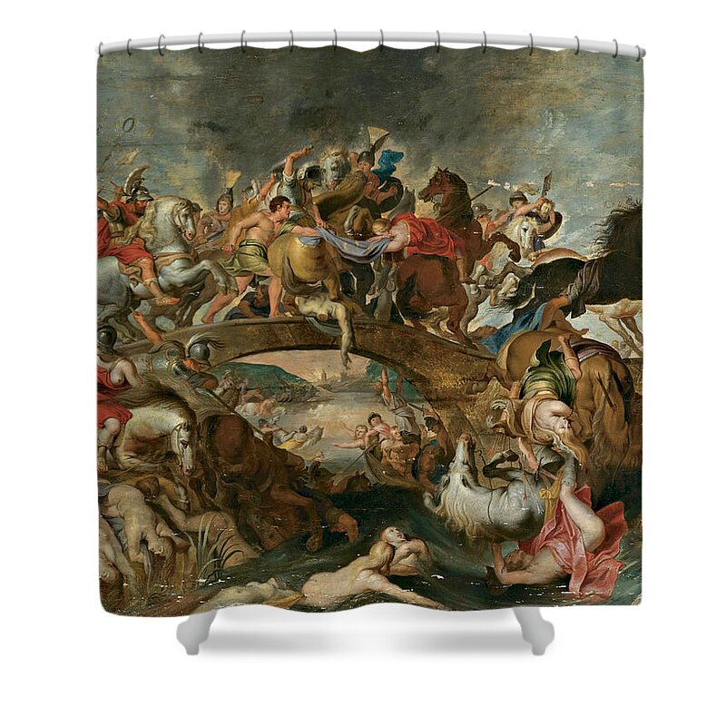 After Peter Paul Rubens Shower Curtain featuring the painting Theseus leading the Athenian Soldiers against the Amazons by After Peter Paul Rubens