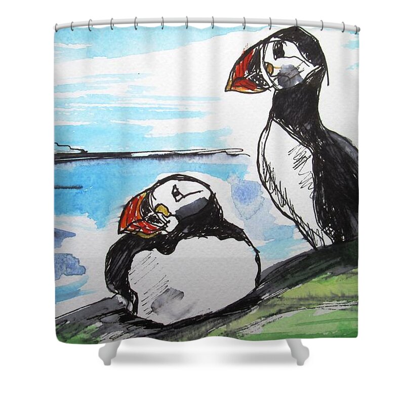 Puffins Shower Curtain featuring the painting They re tall cliffs available as a signed and numbered canvas prints by Mary Cahalan Lee - aka PIXI