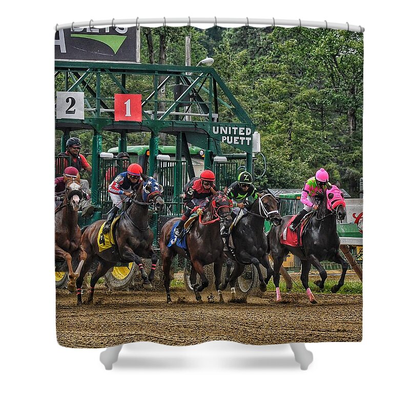 Race Horses Shower Curtain featuring the photograph They're Off by Jeffrey Perkins