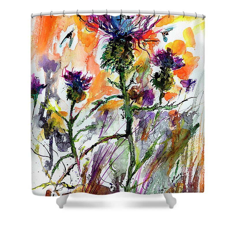 Thistles Shower Curtain featuring the painting Thistles and Bees Watercolor and Ink by Ginette Callaway
