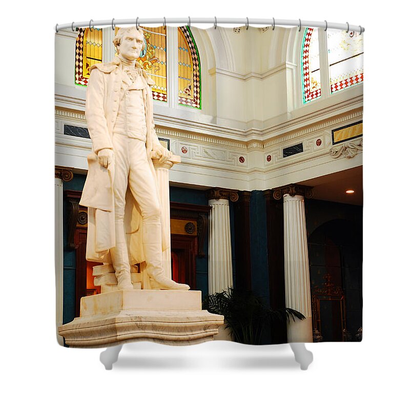 Thomas Shower Curtain featuring the photograph Thomas Jefferson at the Jefferson Hotel by James Kirkikis