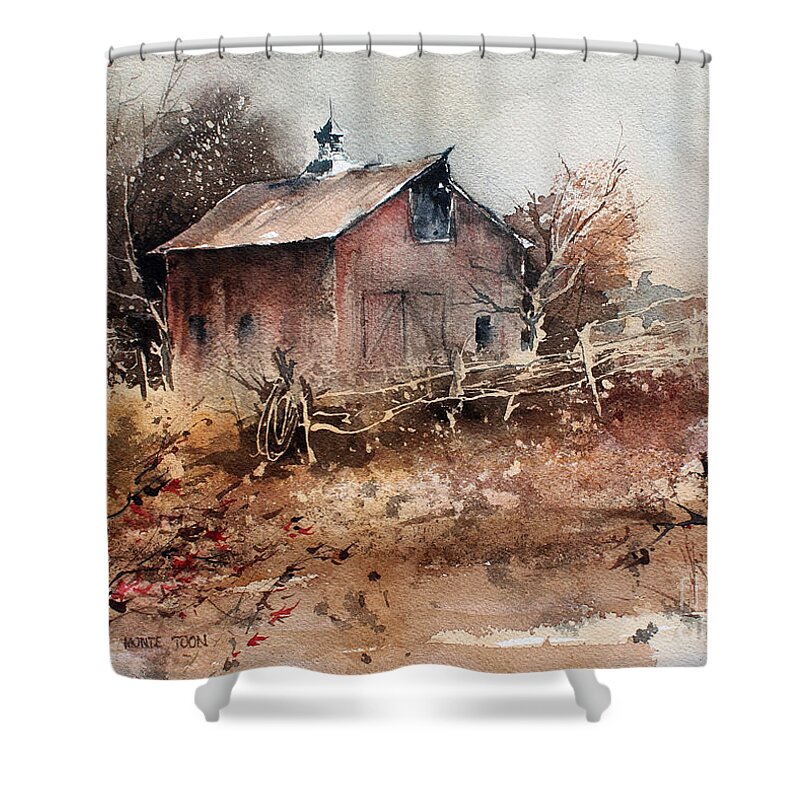 A Weathered Barn Sets In The Fields Of Autumn Color Shower Curtain featuring the painting Thoughts Of Autumn by Monte Toon