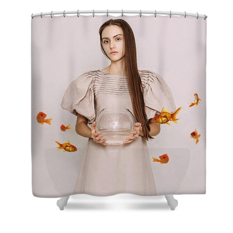 Russian Artists New Wave Shower Curtain featuring the photograph Thoughts of Freedom. Series Escape of Golden Fish by Inna Mosina