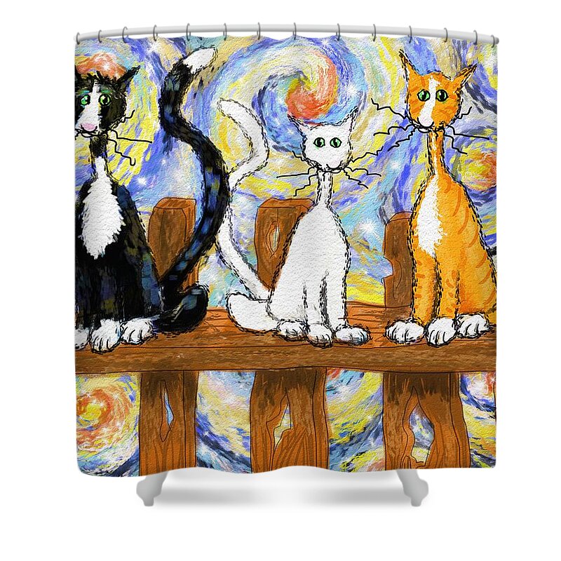 Cats Shower Curtain featuring the digital art Three cats on a fence by Debra Baldwin