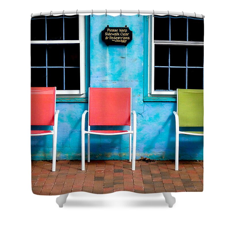 Portsmouth Shower Curtain featuring the photograph Three Chairs and Two Windows by Nancy De Flon