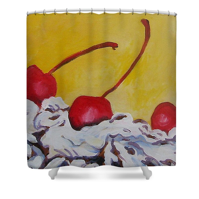 Desert Shower Curtain featuring the painting Three Cherries by Tilly Strauss