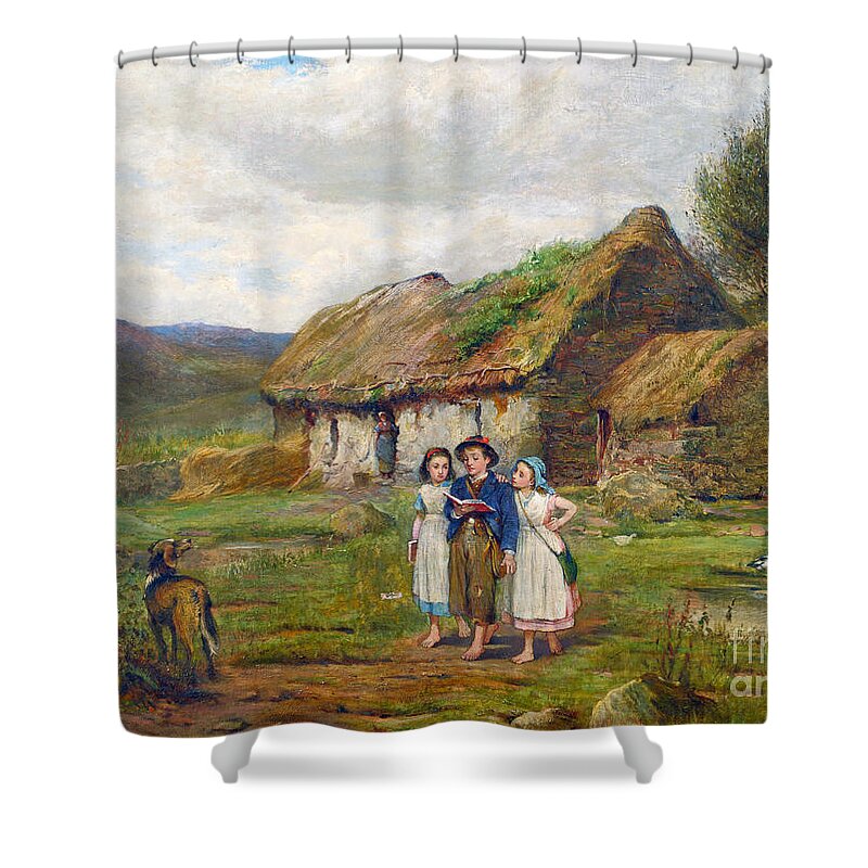 Carlton Alfred Smith - Three Children And A Dog Beside A Scottish Croft 1878 Shower Curtain featuring the painting Three Children and a Dog Beside a Scottish Croft by MotionAge Designs