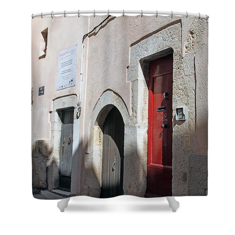 Narrow Shower Curtain featuring the photograph Three Different Doors by Allan Levin