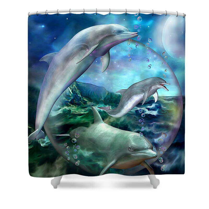 Dolphin Shower Curtain featuring the mixed media Three Dolphins by Carol Cavalaris