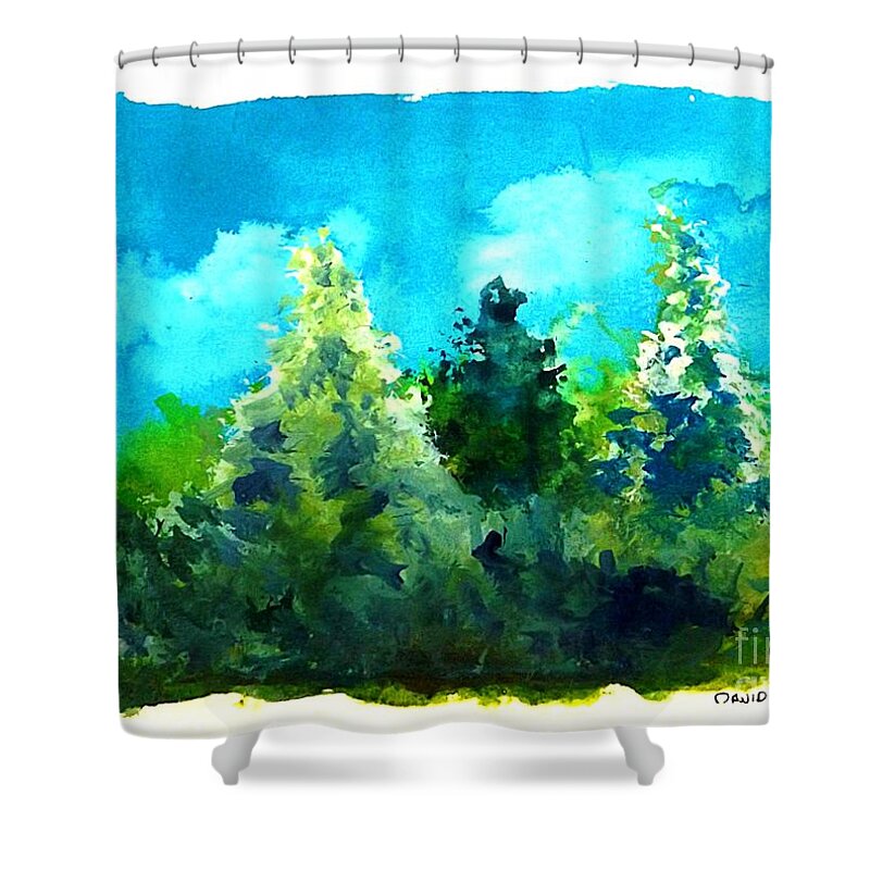 Landscape Shower Curtain featuring the painting Three Evergreens by David Neace CPX