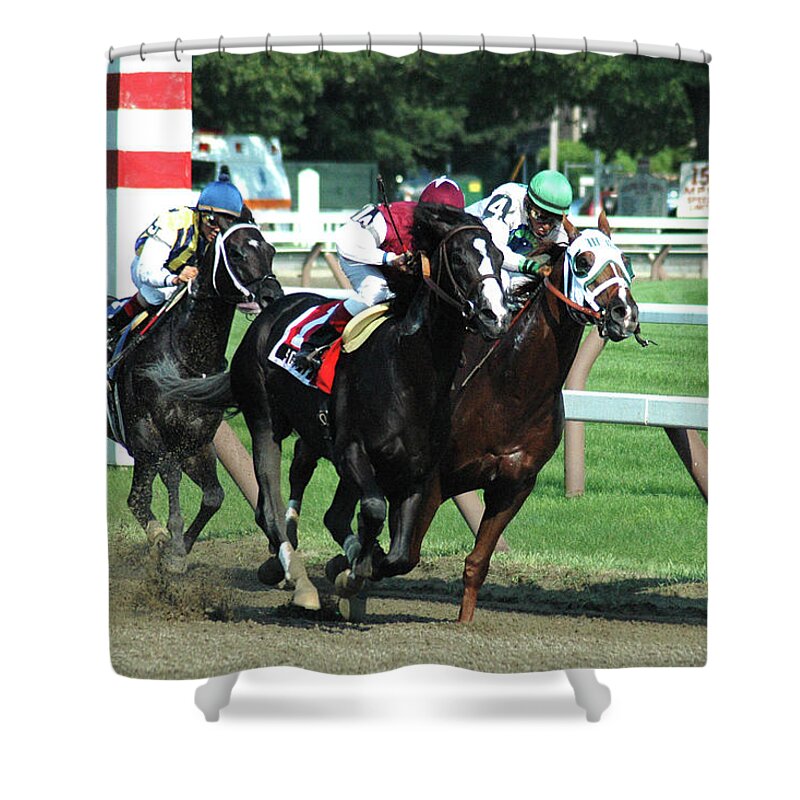 Race Horse Shower Curtain featuring the photograph Three Horse Race by Jerry Griffin