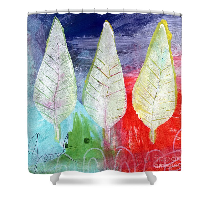 Abstract Shower Curtain featuring the painting Three Leaves Of Good by Linda Woods