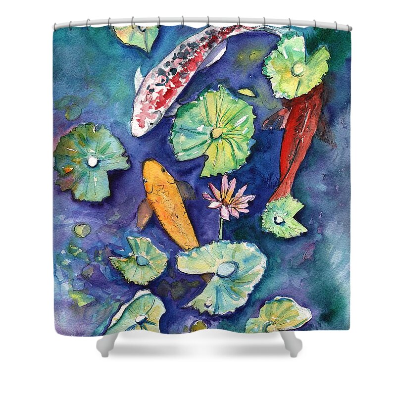 Koi Shower Curtain featuring the painting Three Lucky Koi by Marionette Taboniar