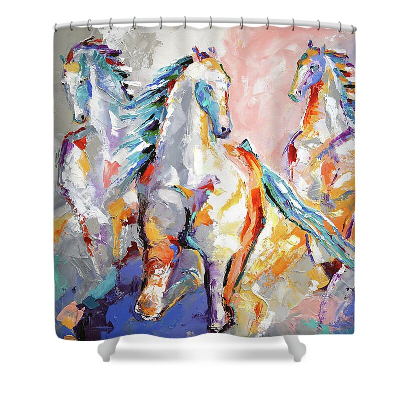Contemporary Horse Paintings Shower Curtain featuring the painting Three Out of The Mist by Laurie Pace