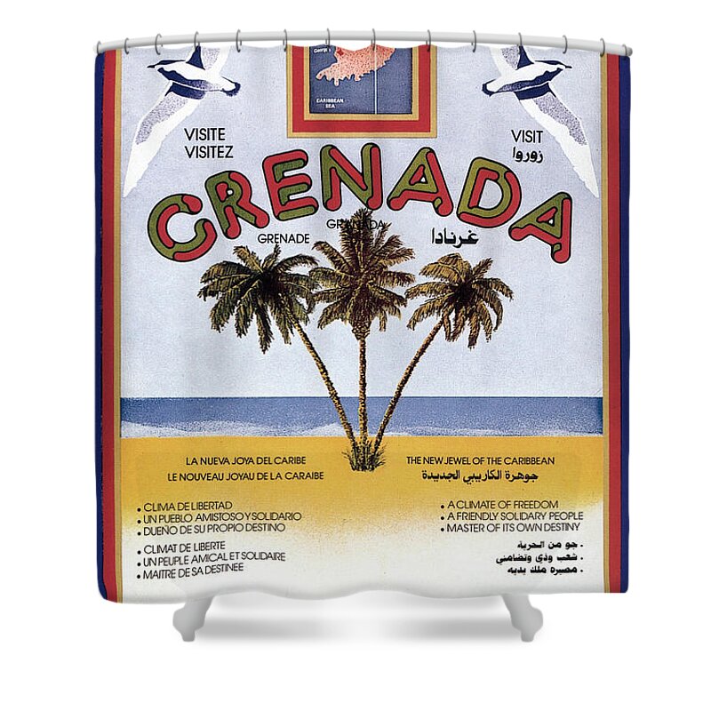 Grenada Shower Curtain featuring the painting Three palm trees on the sea shore in Grenada - Vintage Travel Poster by Studio Grafiikka