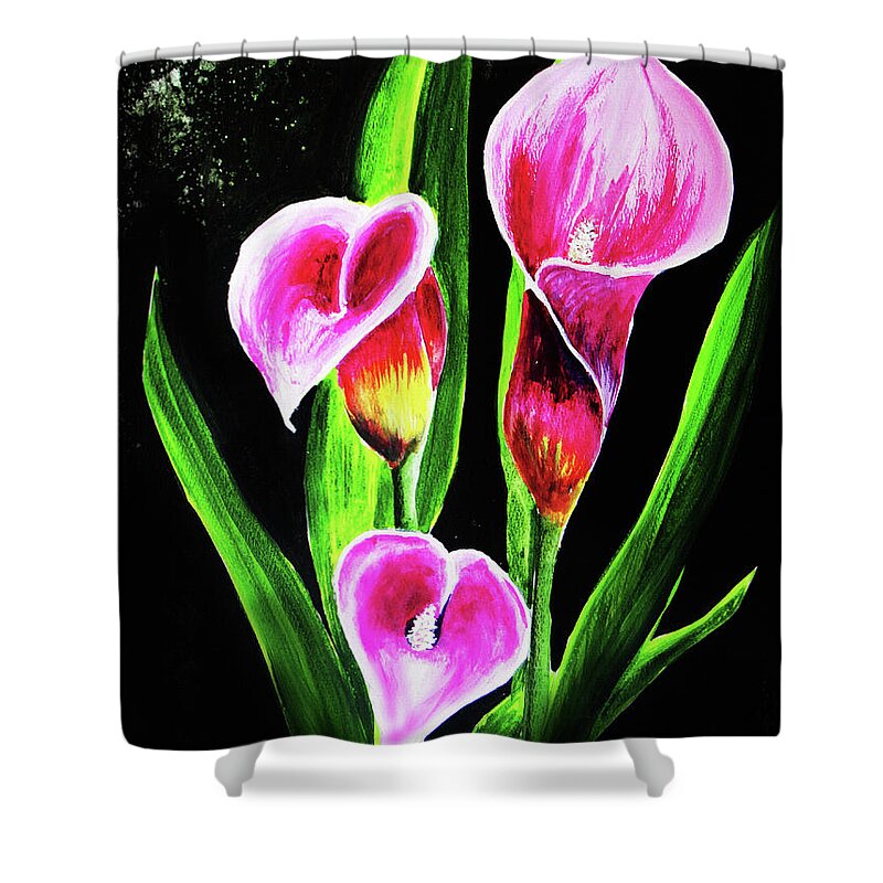 Calla Lily Shower Curtain featuring the painting Three Pink Calla Lilies. by Pat Davidson