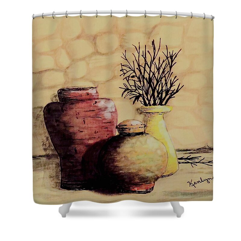Ceramic Shower Curtain featuring the painting Three Pots and Twigs by Kenlynn Schroeder
