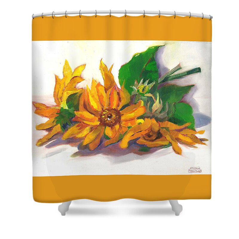 Sunflowers Shower Curtain featuring the painting Three Sunflowers by Susan Thomas