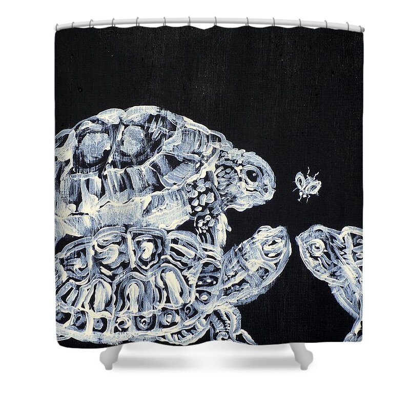 Turtle Shower Curtain featuring the painting Three Terrapins And One Fly by Fabrizio Cassetta