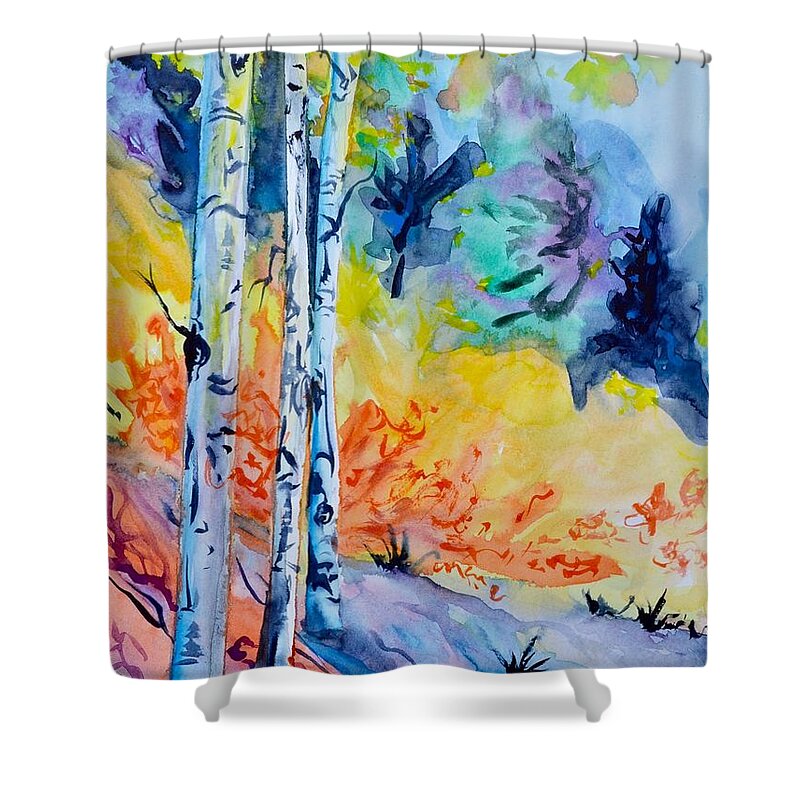 Three Trees Shower Curtain featuring the painting Three Trees by Beverley Harper Tinsley