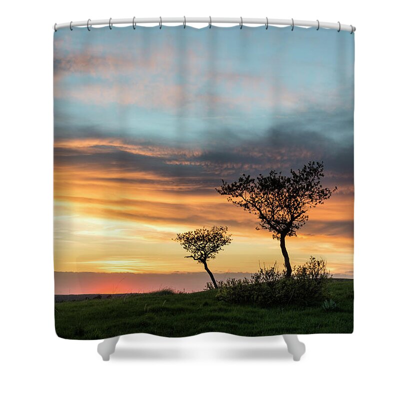 Sunset Shower Curtain featuring the photograph Three Trees On A Hill by Denise Bush