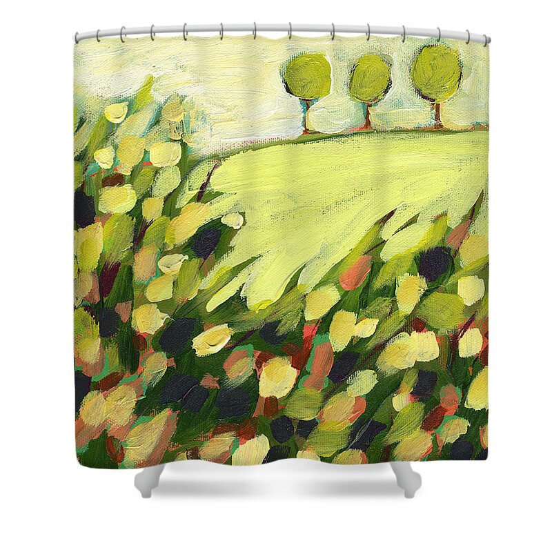 Landscape Shower Curtain featuring the painting Three Trees on a Hill by Jennifer Lommers