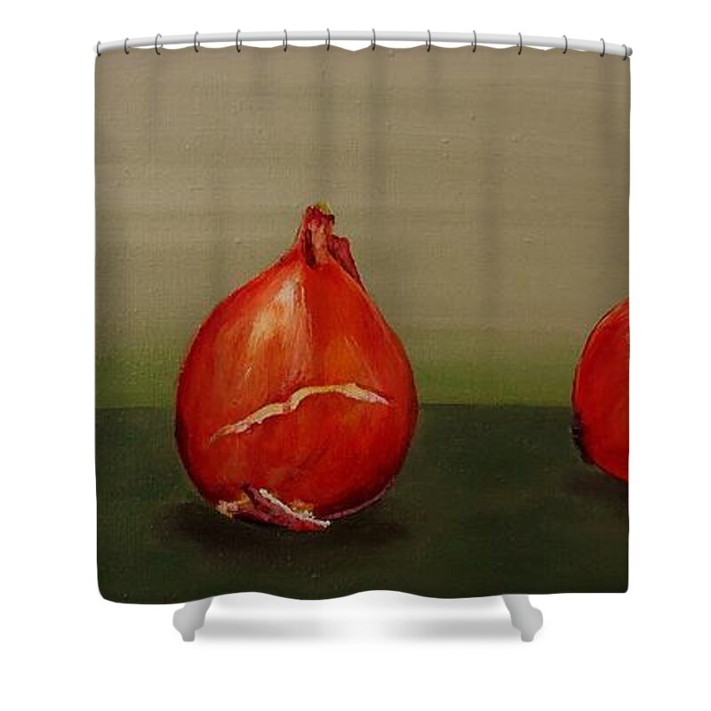 Tulip Bulbs Shower Curtain featuring the painting Three Tulip Bulbs by Cami Lee