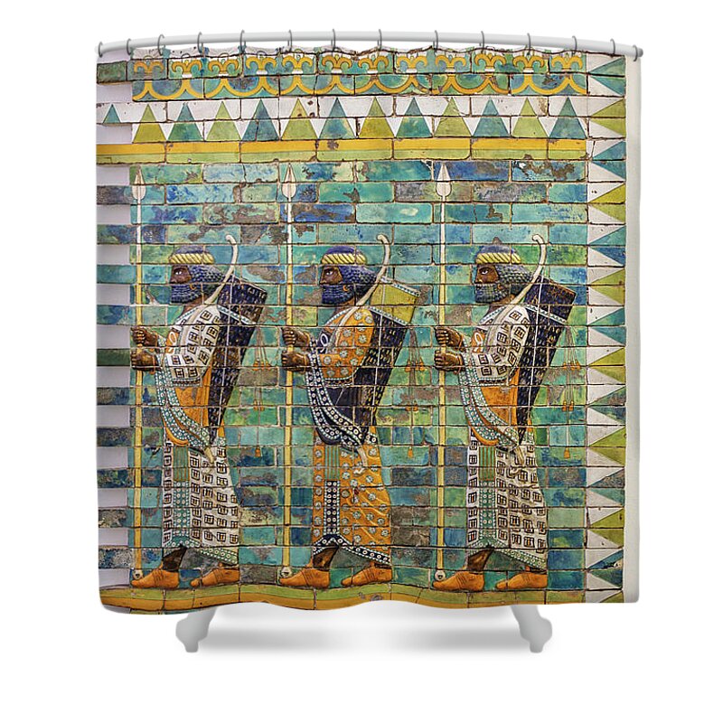 Babil Shower Curtain featuring the photograph Three warriors on ancient wall from Babylon by Patricia Hofmeester