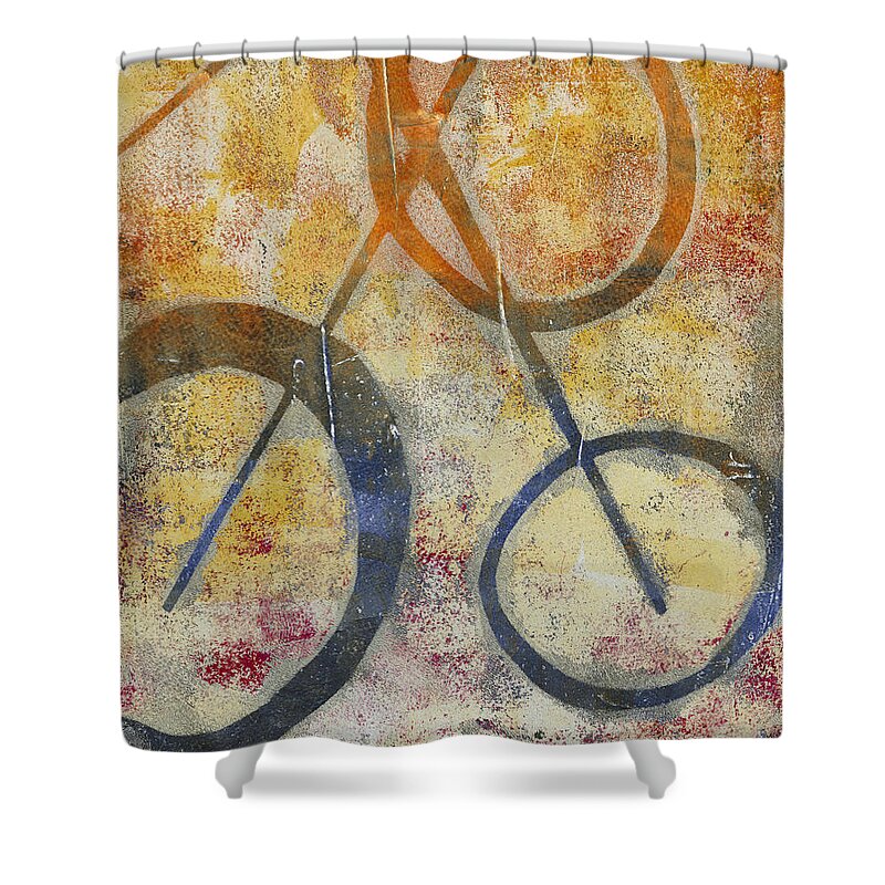 Abstract Shower Curtain featuring the painting Three Worlds I by Laurel Englehardt