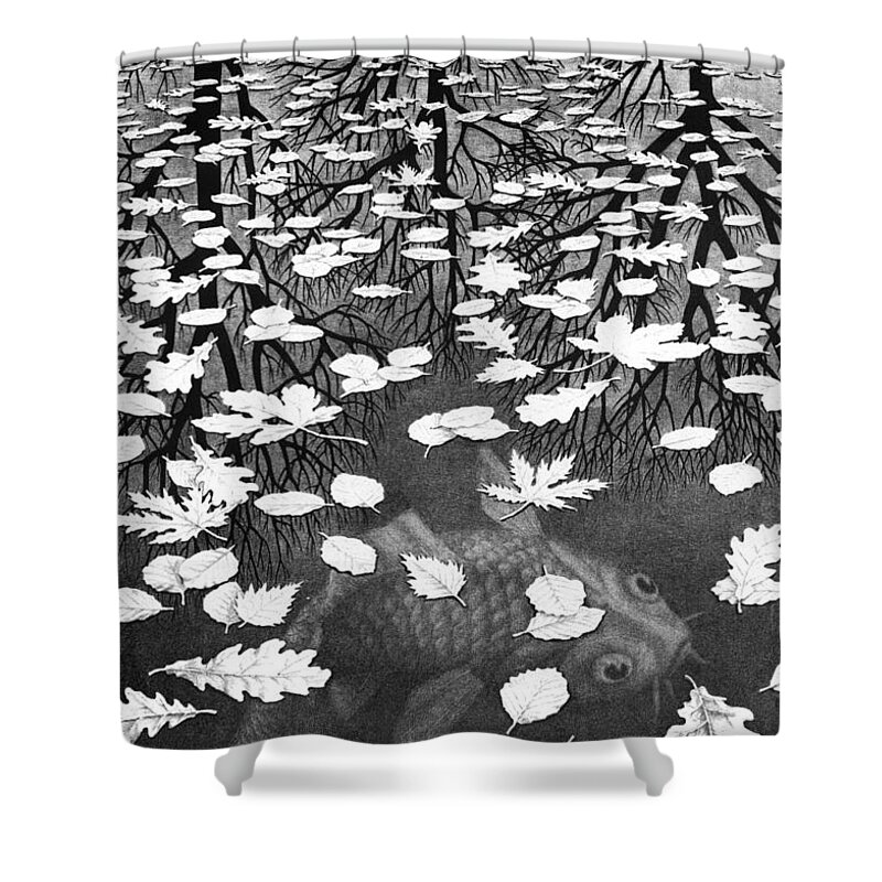  Shower Curtain featuring the drawing Three Worlds by MC Escher