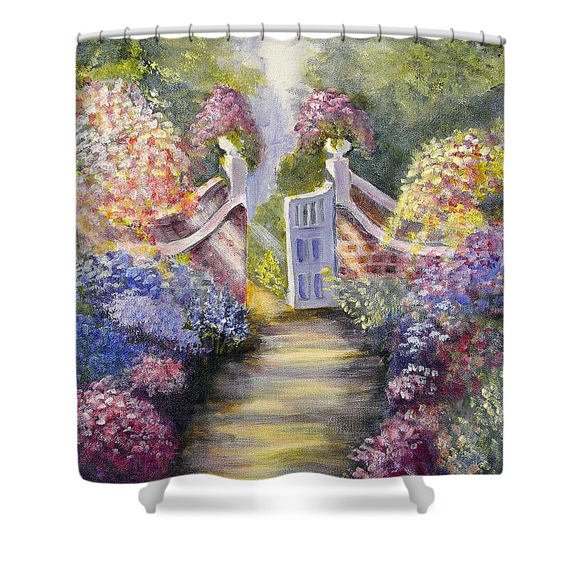 Flowers Shower Curtain featuring the painting Through the Garden Gate by Quwatha Valentine