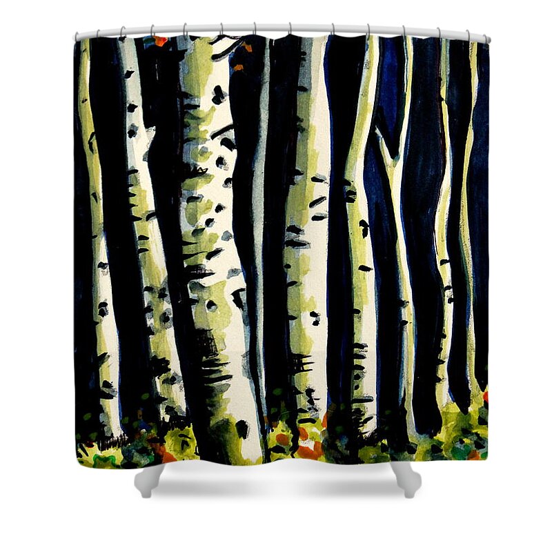 Trees Shower Curtain featuring the painting Through the Midnight Birch Trees by Elizabeth Robinette Tyndall