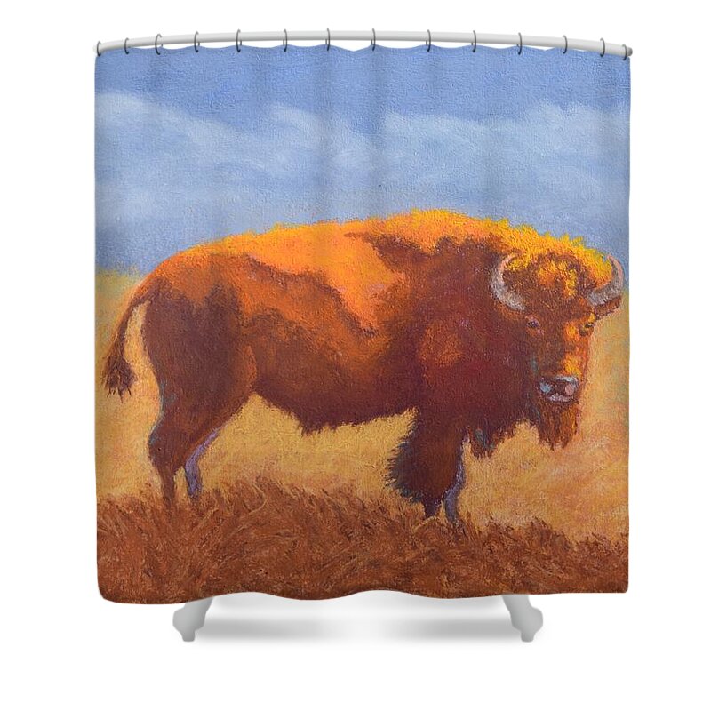 Bison Shower Curtain featuring the painting Thunder on the Prairie by Nancy Jolley