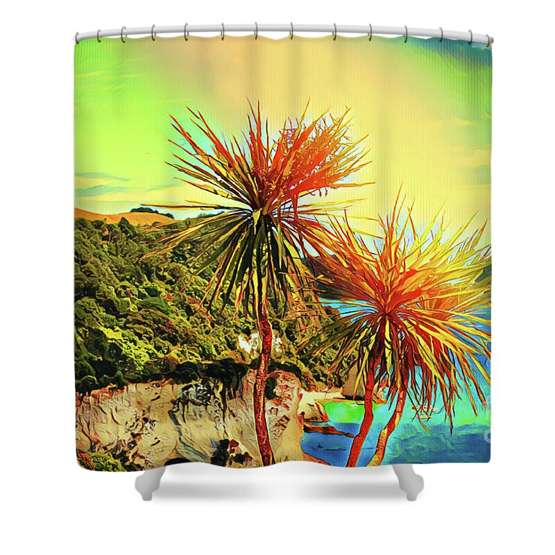 Cabbage Tree Shower Curtain featuring the painting Ti Kouka painted by HELGE Art Gallery