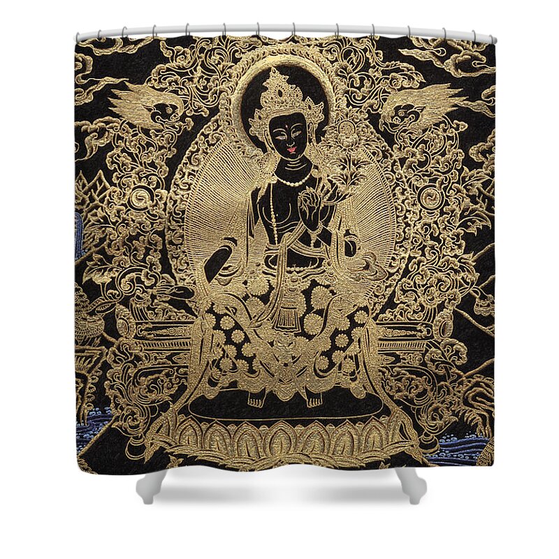 'treasures Of Tibet' Collection By Serge Averbukh Buddha Shower Curtain featuring the digital art Tibetan Thangka - Maitreya Buddha by Serge Averbukh