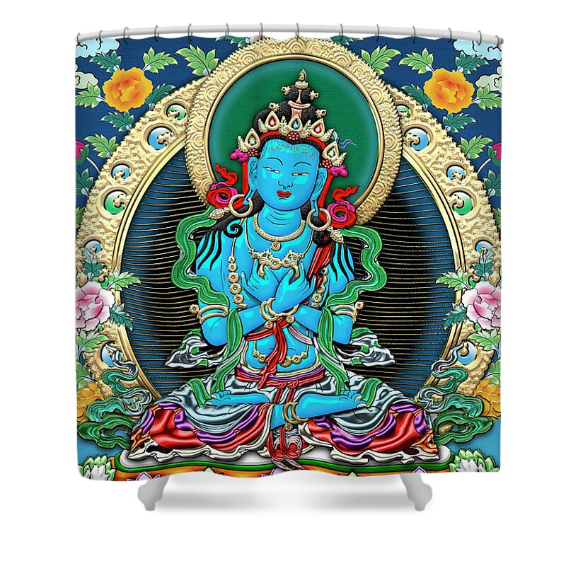'treasures Of Tibet' Collection By Serge Averbukh Shower Curtain featuring the digital art Tibetan Thangka - Vajradhara - Dharmakaya Buddha by Serge Averbukh