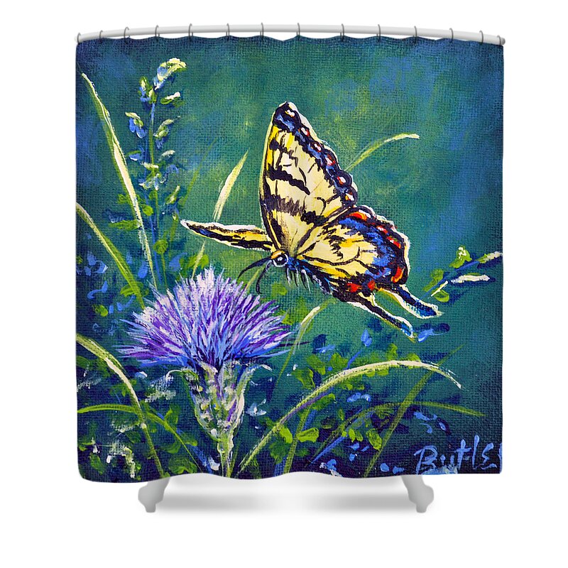 Butterfly Tiger Swallowtail Thistle Nature Garden Shower Curtain featuring the painting Tiger and Thistle 2 by Gail Butler