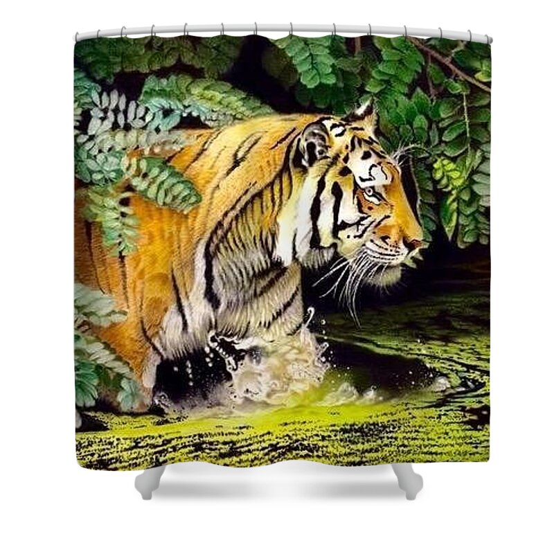 Tiger Shower Curtain featuring the drawing Tiger in the Dundurban Delta by David Hoque