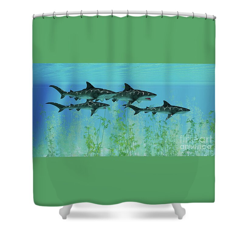 Tiger Shark Shower Curtain featuring the digital art Tiger Sharks prowl the Ocean by Corey Ford