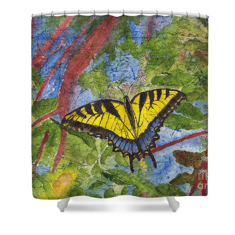 Tiger Swallowtail Shower Curtain featuring the painting Tiger Swallowtail Watercolor Batik on Rice Paper by Conni Schaftenaar