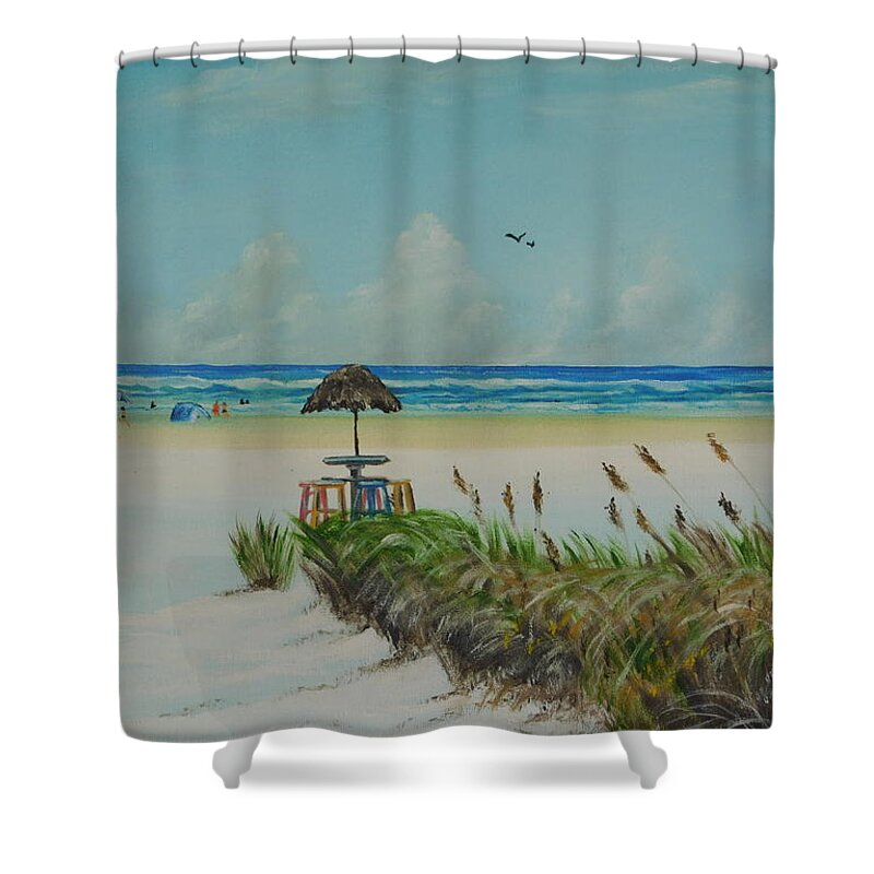 Tiki Bar Shower Curtain featuring the painting Tiki Bar On The Gulf by Lloyd Dobson