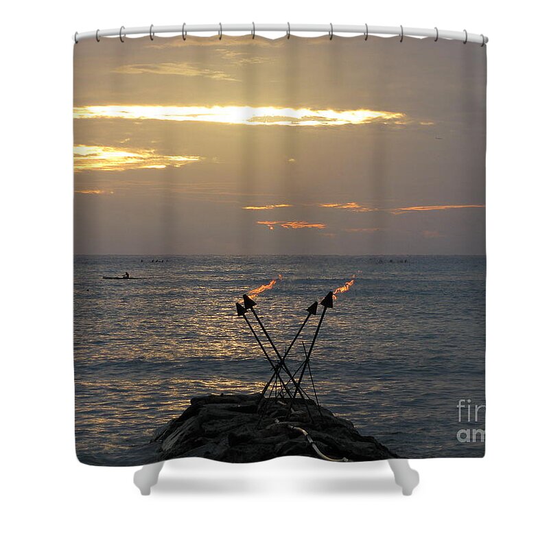 Tiki Torches On The Waters Edge In Waikiki Shower Curtain featuring the photograph Tiki Torches in the Sunset by Anthony Trillo